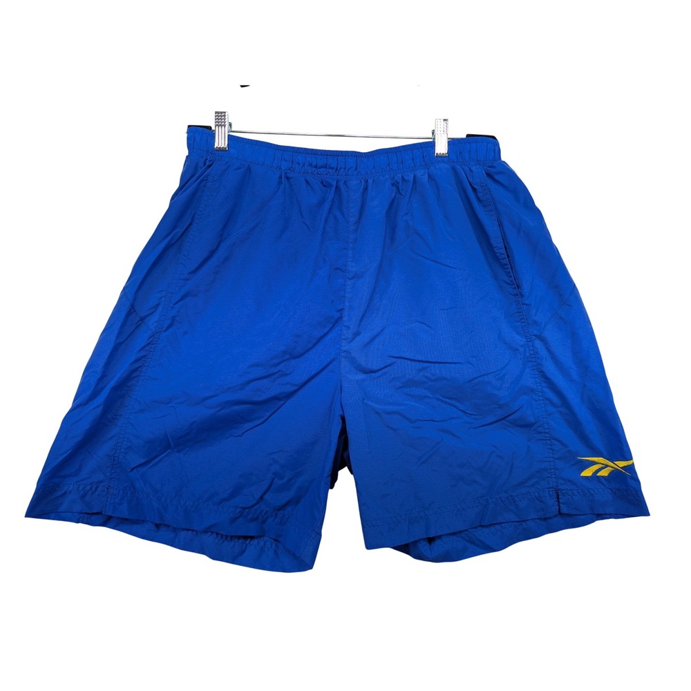 Reebok Mens XL Blue Nylon Mesh Lined Athletic Gym Training Shorts Yellow Logo